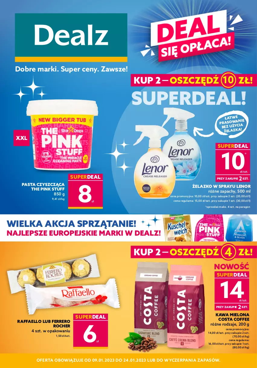 Gazetka promocyjna Dealz - NOWA GAZETKADeal się opłaca! - ważna 09.01 do 24.01.2023 - strona 1 - produkty: Fa, Ferrero, Ferrero Rocher, Kawa, Kawa mielona, Lenor, Raffaello, Sprzątanie