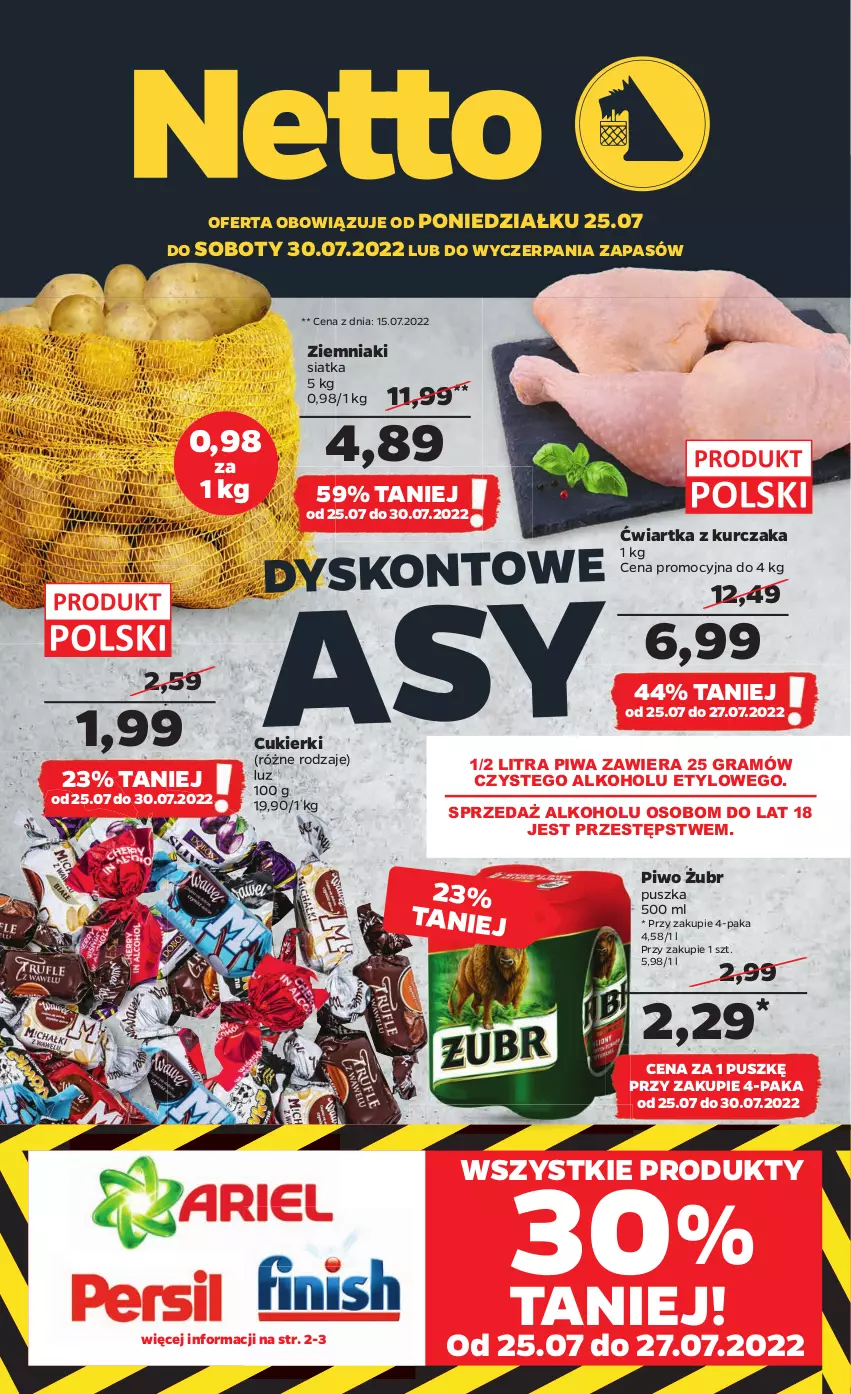 Gazetka promocyjna Netto - Artykuły spożywcze - ważna 25.07 do 30.07.2022 - strona 1 - produkty: Cukier, Cukierki, Gra, Kurczak, Piwa, Piwo, Siatka, Ziemniaki