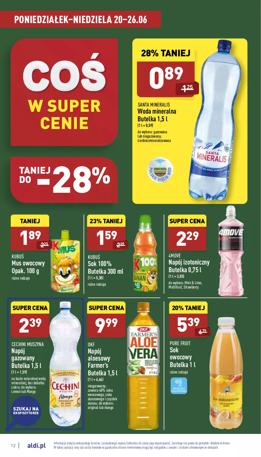 Gazetka promocyjna Aldi - Pełny katalog - ważna 20.06 do 26.06.2022 - strona 12 - produkty: Fa, Gin, Kubuś, Mango, Mus, Napój, Napój gazowany, Napój izotoniczny, Pur, Sok, Stek, Szyna, Woda, Woda mineralna