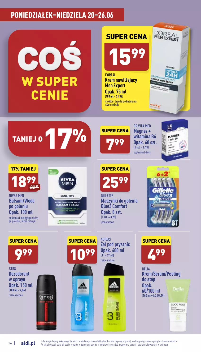 Gazetka promocyjna Aldi - Pełny katalog - ważna 20.06 do 26.06.2022 - strona 16 - produkty: Adidas, Dezodorant, Dr Vita, Gillette, Krem nawilżający, L’Oréal, Magnez, Nivea, Nivea Men, Peeling, Rum, Ser, Serum, Str8, Suplement diety, Woda, Woda po goleniu