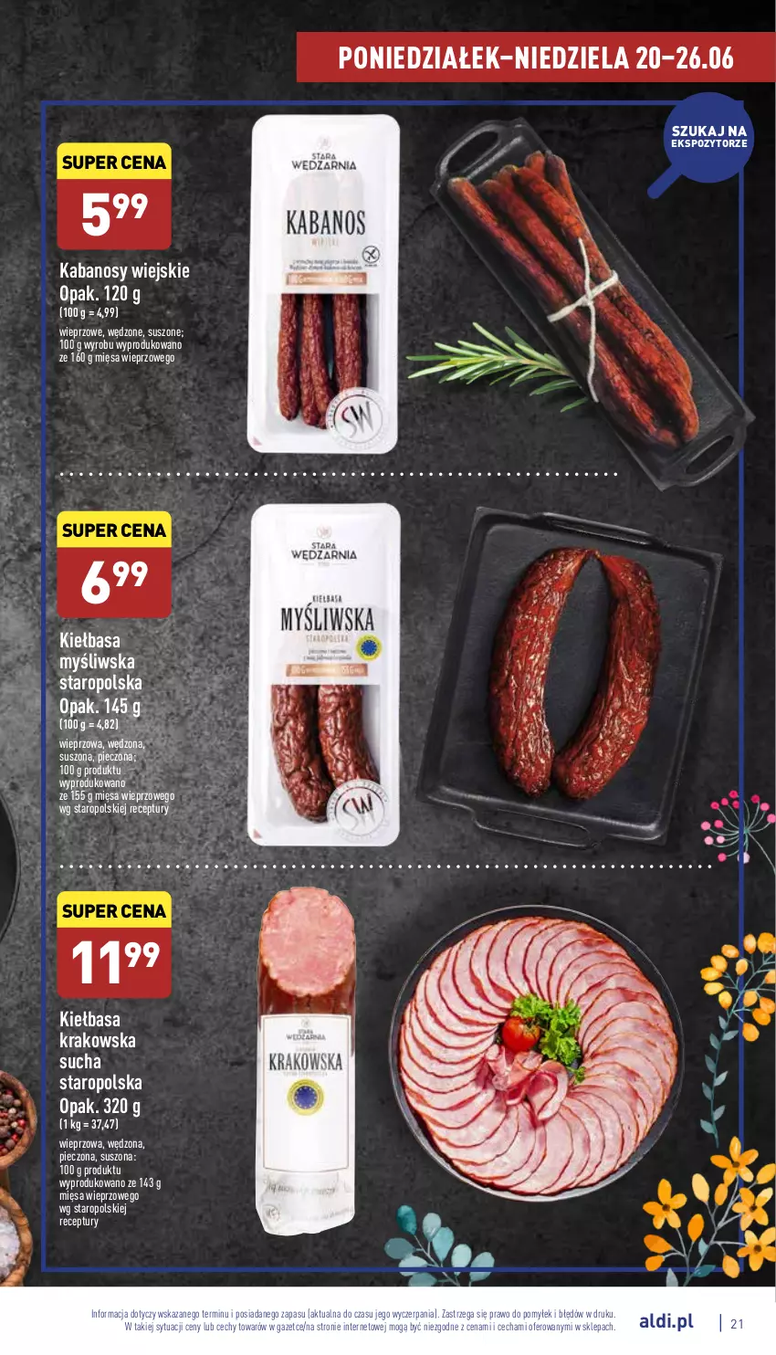 Gazetka promocyjna Aldi - Pełny katalog - ważna 20.06 do 26.06.2022 - strona 21 - produkty: Kabanos, Kiełbasa, Kiełbasa krakowska, Piec