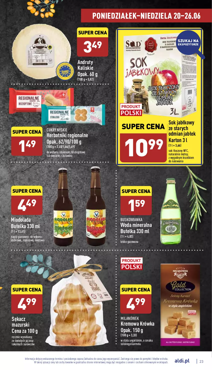 Gazetka promocyjna Aldi - Pełny katalog - ważna 20.06 do 26.06.2022 - strona 23 - produkty: Herbatniki, Imbir, Napój, Napój gazowany, Odol, Sękacz, Sok, Sok jabłkowy, Woda, Woda mineralna