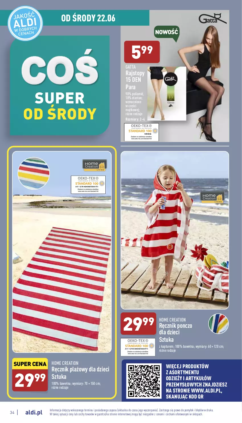 Gazetka promocyjna Aldi - Pełny katalog - ważna 20.06 do 26.06.2022 - strona 34 - produkty: Dzieci, Gatta, Ponczo, Rajstopy, Ręcznik, Top, Wełna