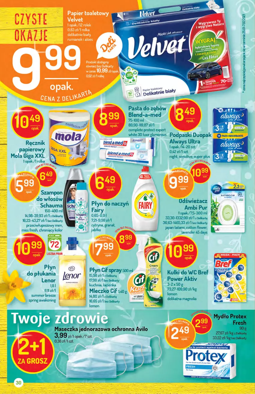 Gazetka promocyjna Delikatesy Centrum - Gazetka Delikatesy Centrum - ważna 30.03 do 05.04.2021 - strona 30 - produkty: Always, Always Ultra, Blend-a-Med, Cif, Fa, Gin, Gra, Granat, Koc, Kuchnia, Kulki do wc, Lenor, Mleczko, Mola, Mydło, Pasta do zębów, Pur, Ręcznik, Sejf