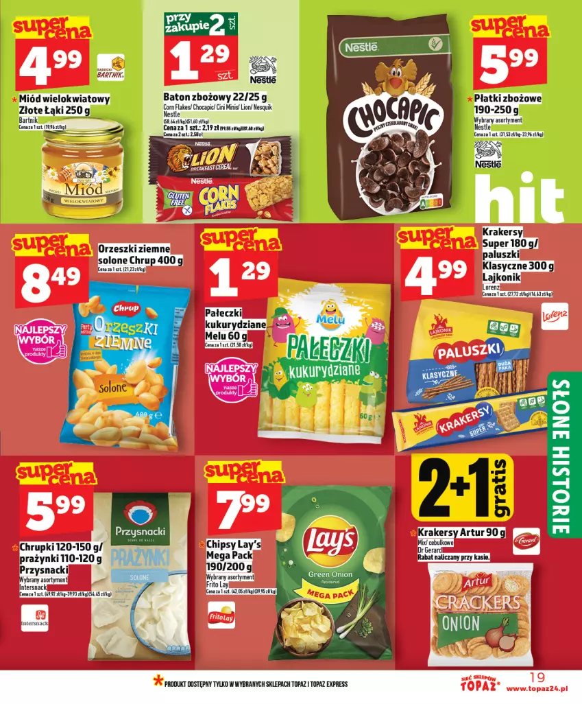 Gazetka promocyjna Topaz - Gazetka - ważna 05.02 do 11.02.2026 - strona 19 - produkty: Artur, Baton, Chrupki, Cini Minis, Krakersy, Lajkonik, Lion, Lorenz, Miód, Nesquik, Orzeszki, Orzeszki ziemne, Przysnacki, Top