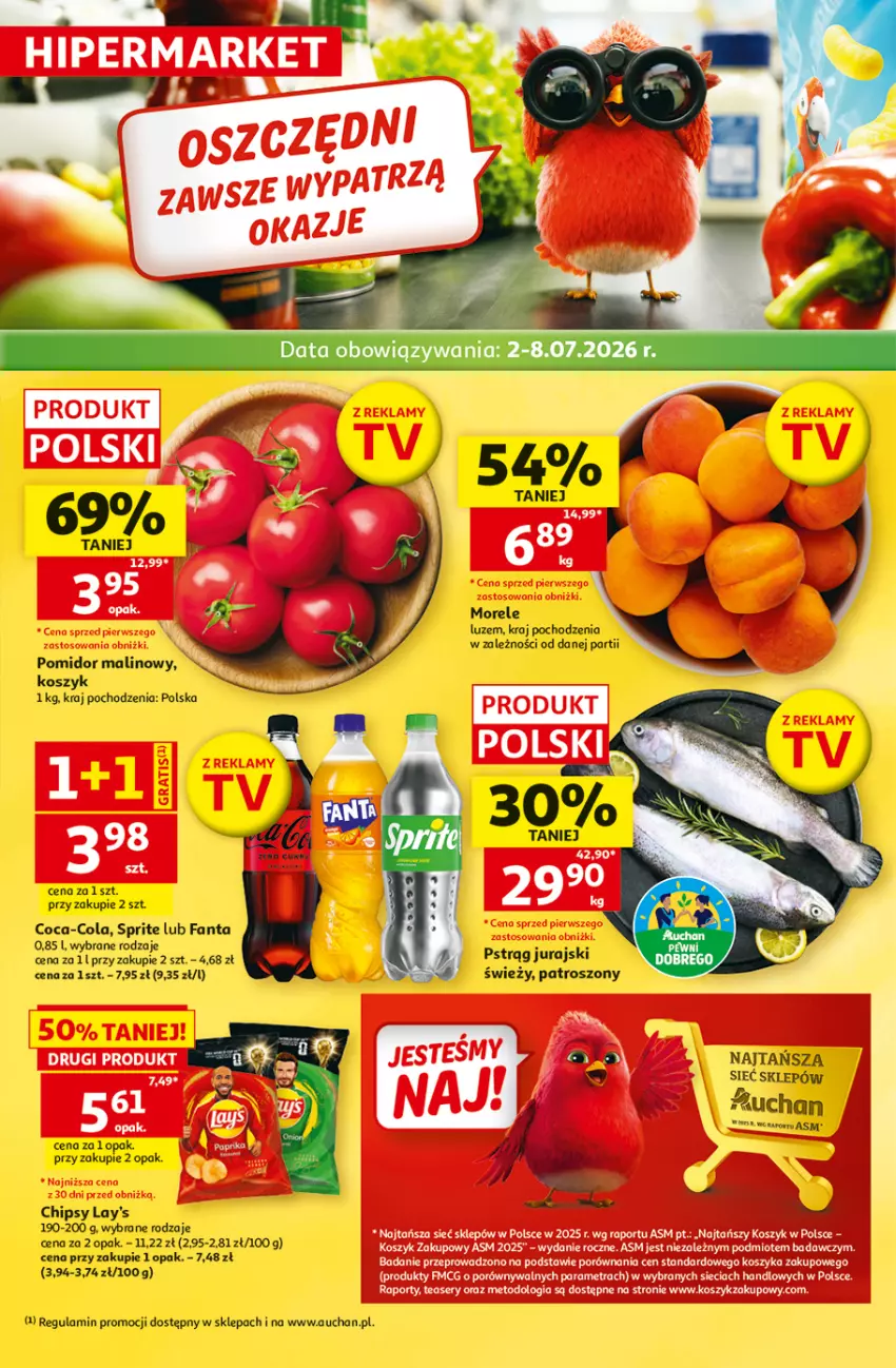 Gazetka promocyjna Auchan - Gazetka 30 Lat Hipermarket Auchan - ważna 02.07 do 08.07.2026 - strona 1 - produkty: Chipsy, Coca-Cola, Fa, Fanta, Kosz, Odol, Pomidor malinowy, Por, Pstrąg, Ser, Sprite