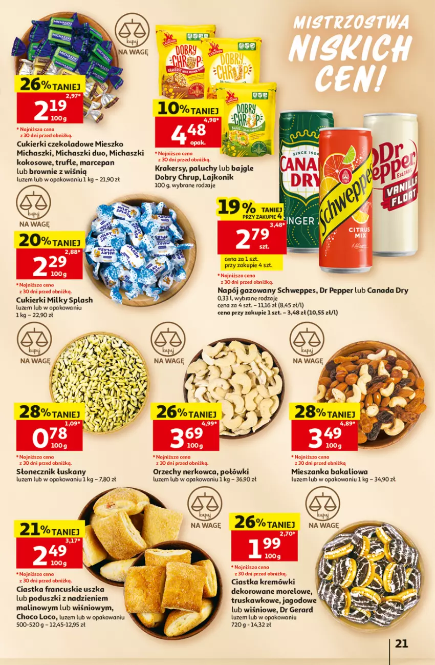 Gazetka promocyjna Auchan - Gazetka 30 Lat Hipermarket Auchan - ważna 02.07 do 08.07.2026 - strona 21 - produkty: Bajgle, Brownie, Ciastka, Cukier, Cukierki, Cukierki czekoladowe, Dr Gerard, Kokos, Krakersy, Lajkonik, Mieszanka bakaliowa, Napój, Napój gazowany, Schweppes