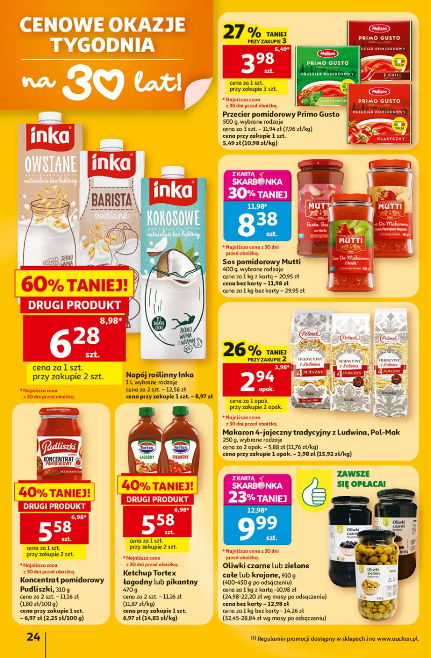 Gazetka promocyjna Auchan - Gazetka 30 Lat Hipermarket Auchan - ważna 02.07 do 08.07.2026 - strona 24 - produkty: Fa, Inka, Ketchup, Koncentrat pomidorowy, Makaron, Napój, Napój roślinny, Oliwki, Oliwki czarne, Pudliszki, Tran