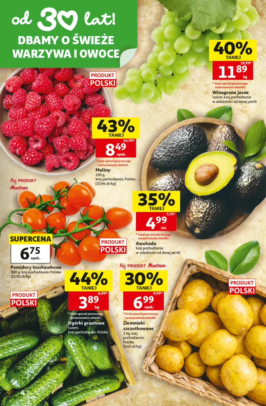 Gazetka promocyjna Auchan - Gazetka 30 Lat Hipermarket Auchan - ważna 02.07 do 08.07.2026 - strona 4 - produkty: Grunt, Maliny, Owoce, Pomidory, Warzywa, Warzywa i owoce, Wino, Winogrona, Ziemniaki