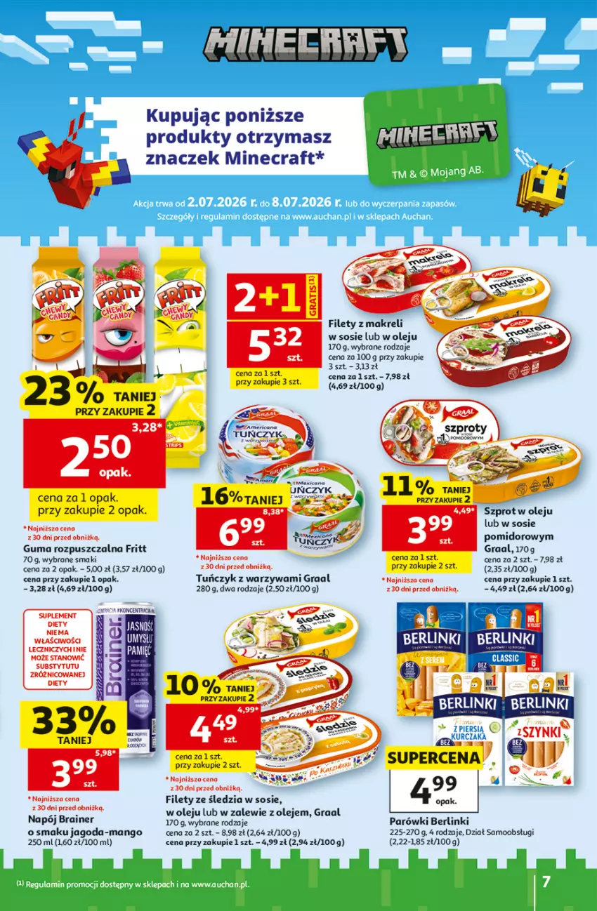 Gazetka promocyjna Auchan - Gazetka 30 Lat Hipermarket Auchan - ważna 02.07 do 08.07.2026 - strona 7 - produkty: Acer, Berlinki, Gra, Graal, Guma rozpuszczalna, Mango, Minecraft, Napój, Olej, Parówki, Por, Sos, Szprot, Tuńczyk, Warzywa, Znicz