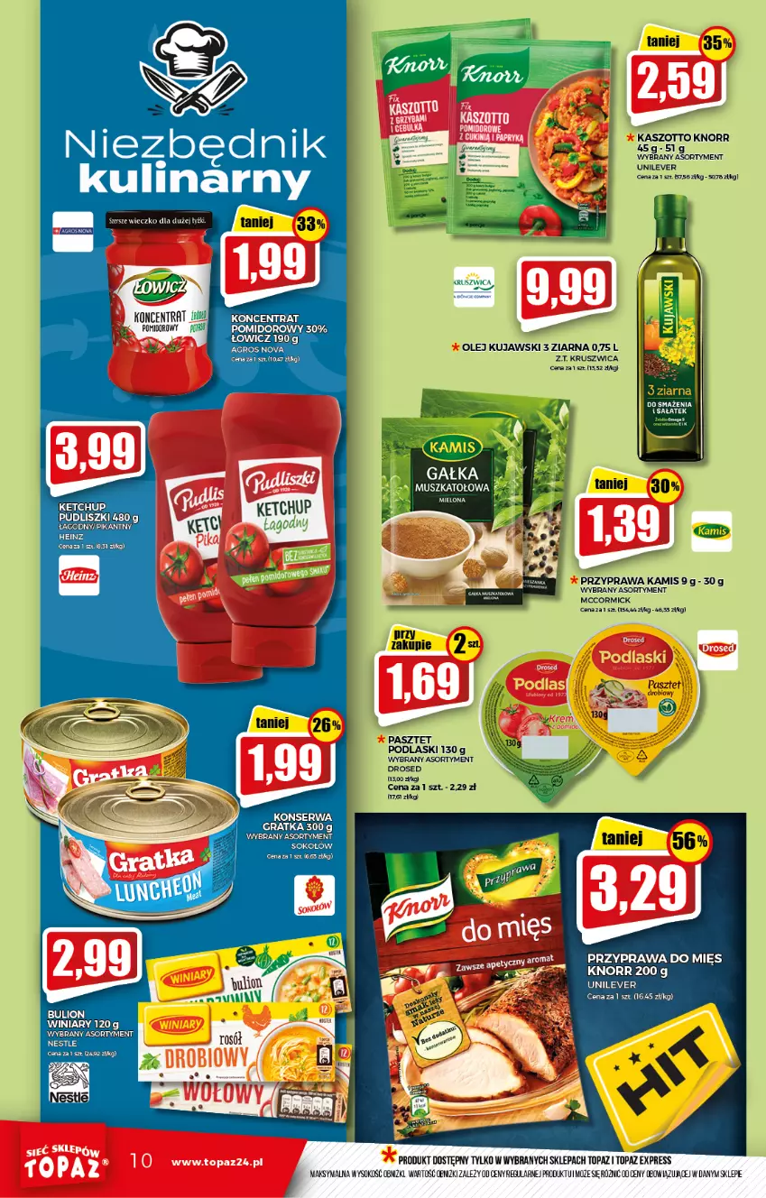 Gazetka promocyjna Topaz - Gazetka - ważna 02.09 do 08.09.2021 - strona 10 - produkty: Bulion, Gra, Heinz, Kamis, Ketchup, Knorr, Kujawski, Lion, Mus, Olej, Pasztet, Podlaski, Pudliszki, Ser, Sok, Top, Winiary, Zott