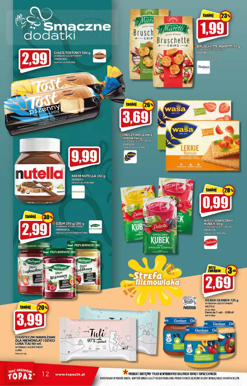 Gazetka promocyjna Topaz - Gazetka - ważna 02.09 do 08.09.2021 - strona 12 - produkty: Bruschette, Chusteczki, Deser, Dzieci, Gerber, Kisiel, Ser, Sok, Top, Vegeta