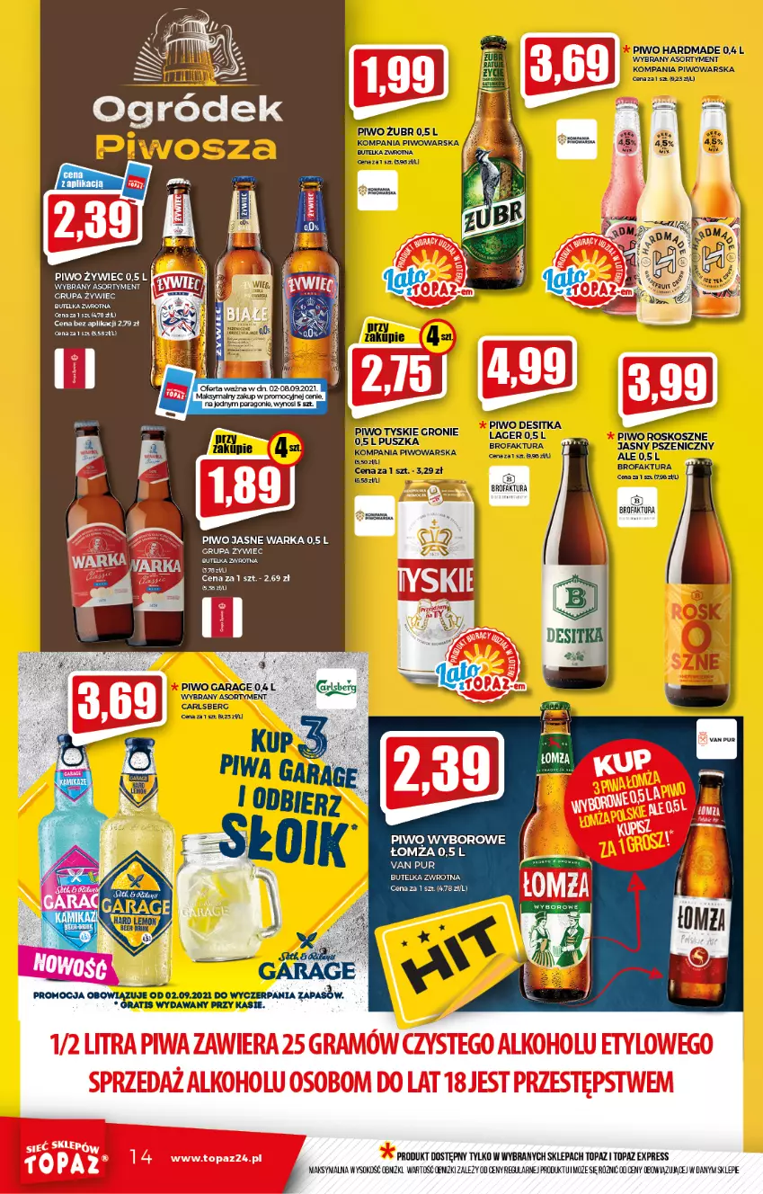 Gazetka promocyjna Topaz - Gazetka - ważna 02.09 do 08.09.2021 - strona 14 - produkty: Carlsberg, Fa, Kosz, Ogród, Piwo, Piwo jasne, Pur, Sok, Top, Warka