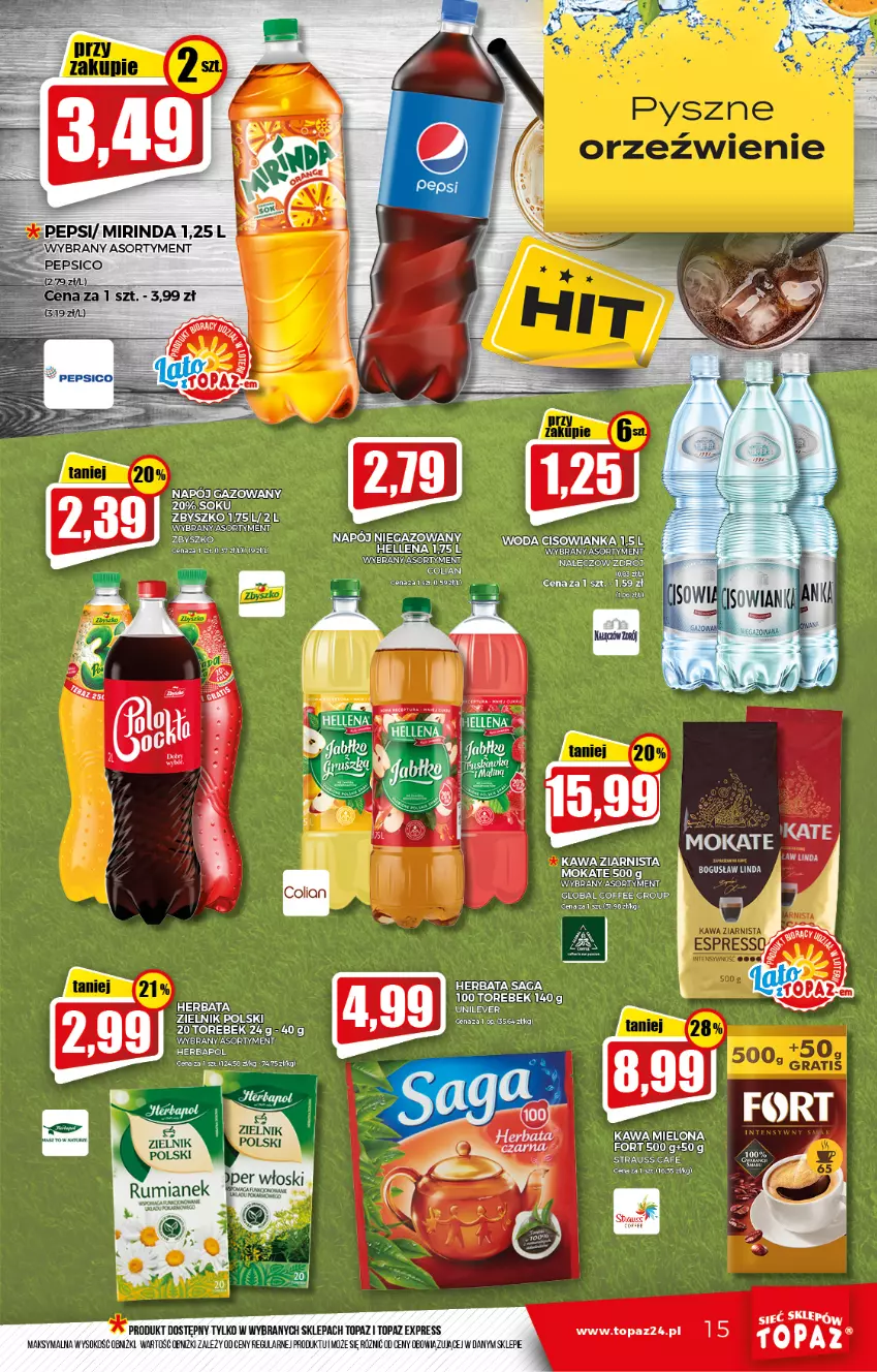 Gazetka promocyjna Topaz - Gazetka - ważna 02.09 do 08.09.2021 - strona 15 - produkty: Hellena, Herbata, Kawa, Kawa mielona, Kawa ziarnista, Mirinda, Napój, Pepsi, Saga, Sok, Top