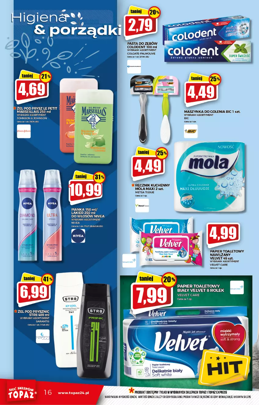 Gazetka promocyjna Topaz - Gazetka - ważna 02.09 do 08.09.2021 - strona 16 - produkty: BIC, Colgate, LG, Mars, Maszynka, Maszynka do golenia, Mola, Nivea, Palmolive, Papier, Papier toaletowy, Pasta do zębów, Ręcznik, Ręcznik kuchenny, Sok, Szynka, Top, Velvet