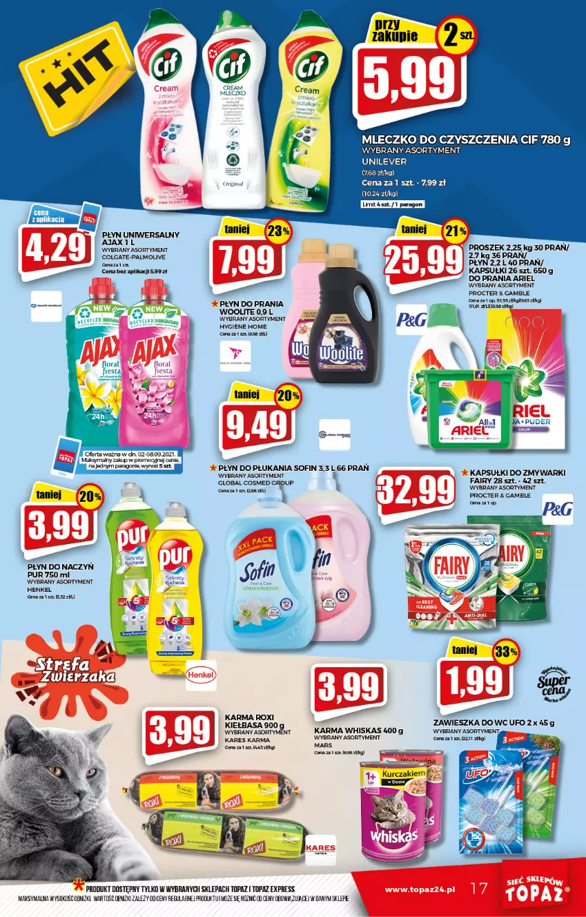 Gazetka promocyjna Topaz - Gazetka - ważna 02.09 do 08.09.2021 - strona 17 - produkty: Ajax, Ariel, Cif, Colgate, Fa, Fairy, Gra, Kret, Kurczak, LG, Mars, Mleczko, Palmolive, Płyn do płukania, Płyn do prania, Pur, Sok, Top, Whiskas, Woolite, Zawieszka do wc, Zmywarki