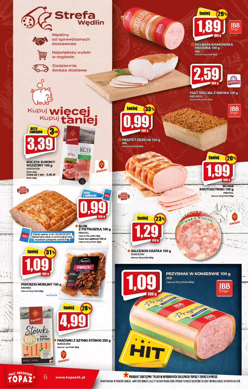 Gazetka promocyjna Topaz - Gazetka - ważna 02.09 do 08.09.2021 - strona 6 - produkty: Boczek, Fa, Gra, Morliny, Parówki, Parówki z szynki, Pekpol, Piwo, Salceson, Ser, Sok, Sokołów, Top