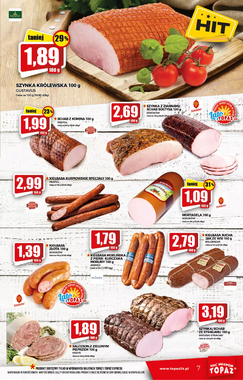 Gazetka promocyjna Topaz - Gazetka - ważna 02.09 do 08.09.2021 - strona 7 - produkty: Kiełbasa, Kurczak, Morliny, Pekpol, Pieprz, Salceson, Sok, Sokołów, Szynka, Szynka Królewska, Top