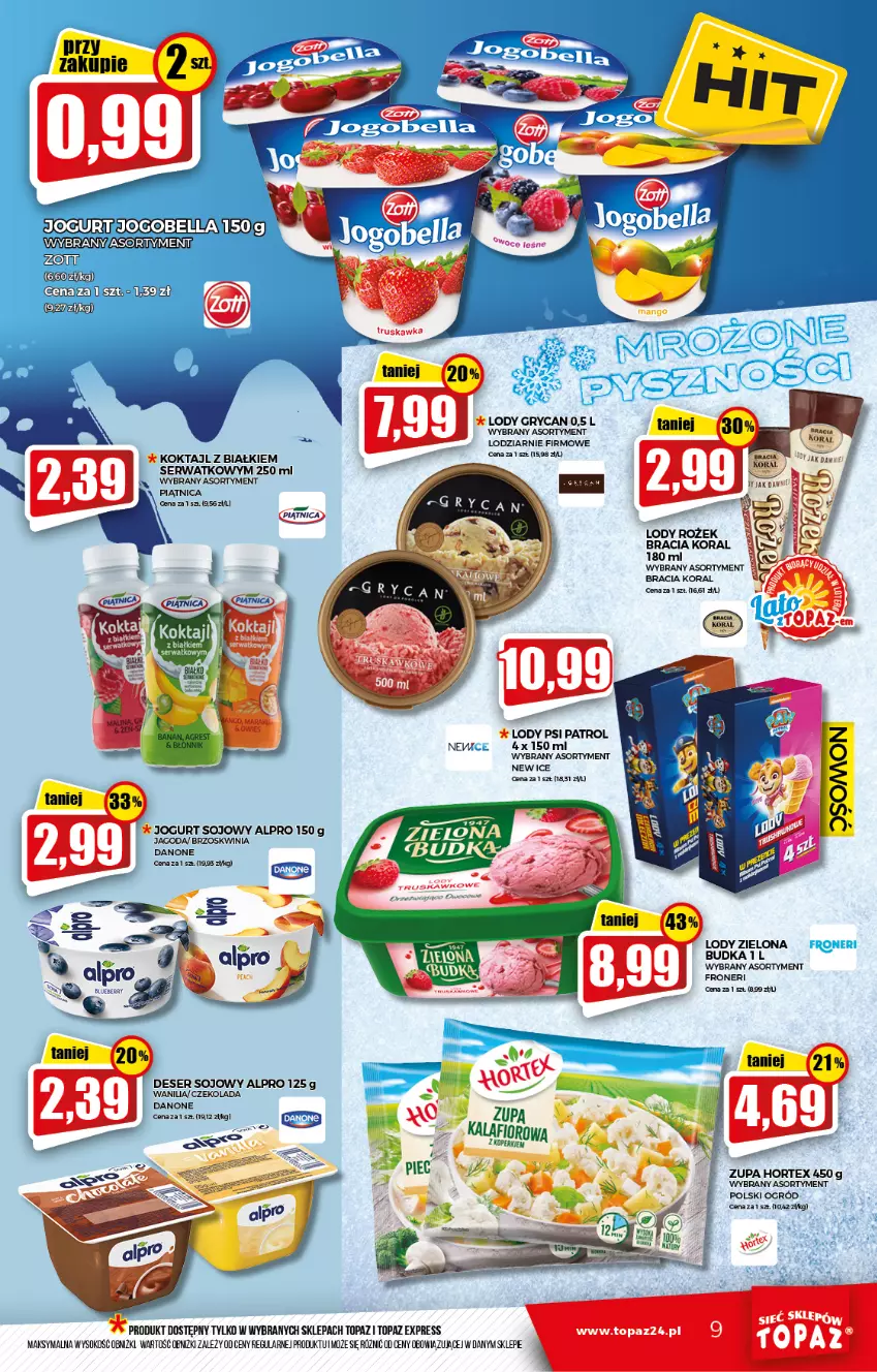 Gazetka promocyjna Topaz - Gazetka - ważna 02.09 do 08.09.2021 - strona 9 - produkty: Alpro, Bell, Bella, Danone, Gry, Jogurt, Lody, Ogród, Piątnica, Psi Patrol, Ser, Sok, Top