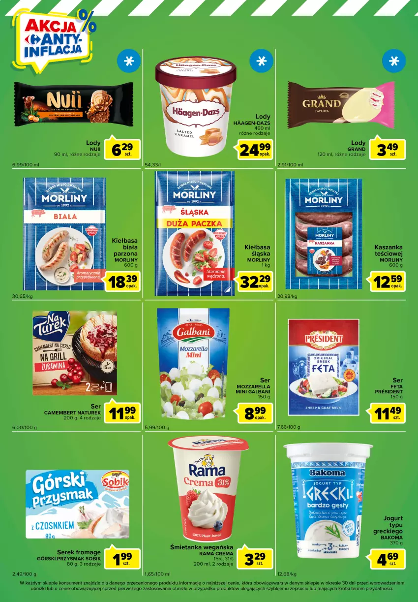 Gazetka promocyjna Carrefour - Gazetka Express - ważna 25.04 do 01.05.2023 - strona 2 - produkty: Bakoma, Camembert, Feta, Galbani, Gin, Gra, Grill, Jogurt, Kasza, Kaszanka, Kiełbasa, Kiełbasa biała, Kiełbasa śląska, Lody, Morliny, Mozzarella, NaTurek, Rama, Ser, Serek