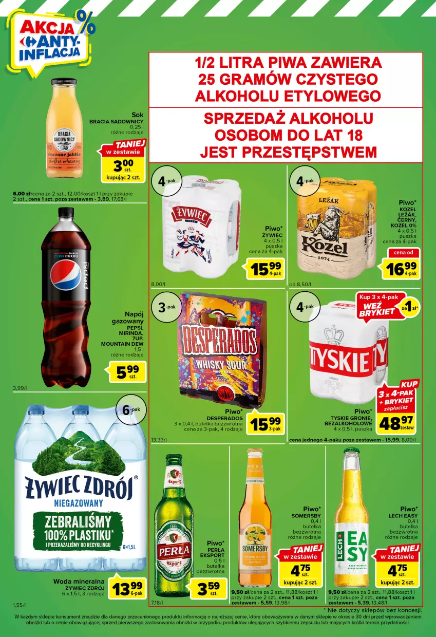 Gazetka promocyjna Carrefour - Gazetka Express - ważna 25.04 do 01.05.2023 - strona 4 - produkty: 7up, Desperados, Gra, Kosz, Kozel, Mirinda, Napój, Napój gazowany, Pepsi, Perła, Piwa, Piwo, Sok, Somersby, Tyskie, Woda, Woda mineralna