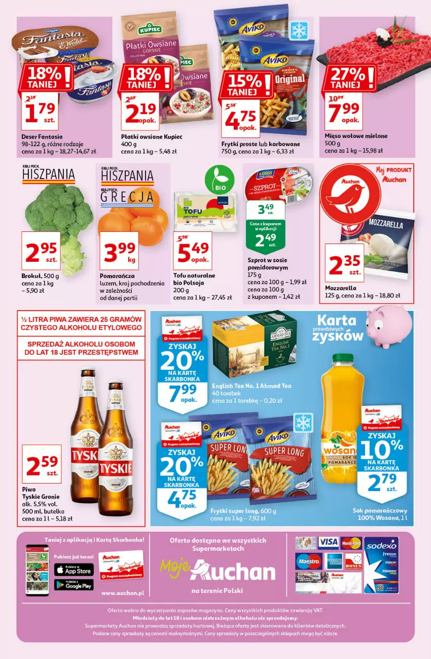 Gazetka promocyjna Auchan - Pięknego Dnia Kobiet Moje Auchan - ważna 04.03 do 10.03.2021 - strona 2 - produkty: Deser, Fa, Fanta, Frytki, Gra, Kupiec, Mozzarella, Piec, Piwa, Piwo, Płatki owsiane, Ser, Sos, Szprot, Szprot w sosie, Tofu, Tyskie, Wosana