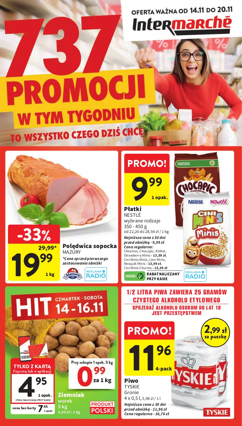 Gazetka promocyjna Intermarche - Gazetka Intermarche - ważna 14.11 do 20.11.2024 - strona 1 - produkty: Cheerios, Cini Minis, Gra, Lion, Nesquik, Nestlé, Piwa, Piwo, Polędwica, Tyskie