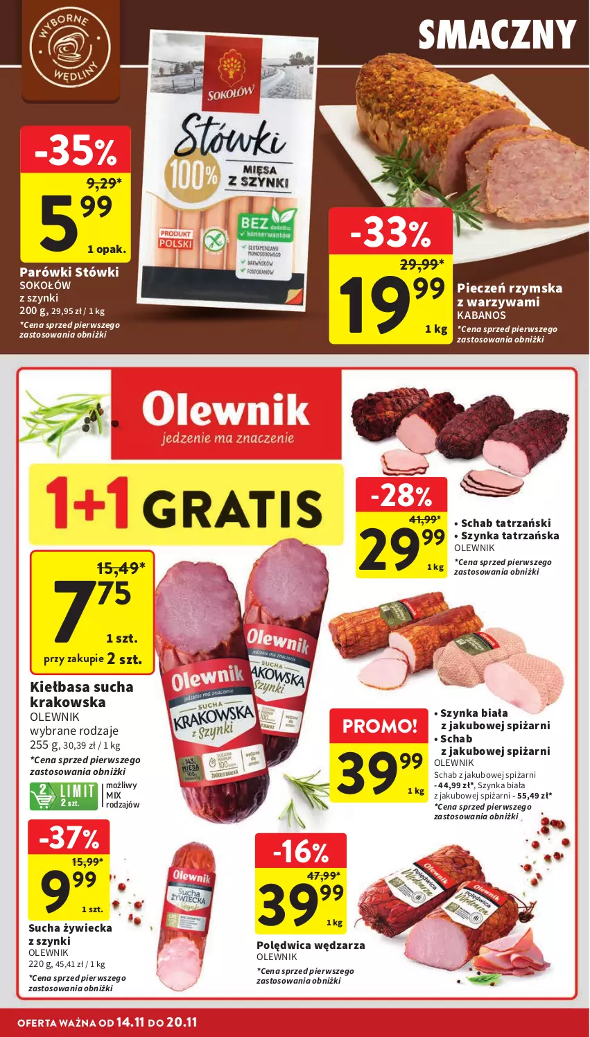 Gazetka promocyjna Intermarche - Gazetka Intermarche - ważna 14.11 do 20.11.2024 - strona 20 - produkty: Kabanos, Kiełbasa, Olewnik, Parówki, Piec, Pieczeń rzymska, Polędwica, Sok, Sokołów, Szynka, Szynka biała, Warzywa