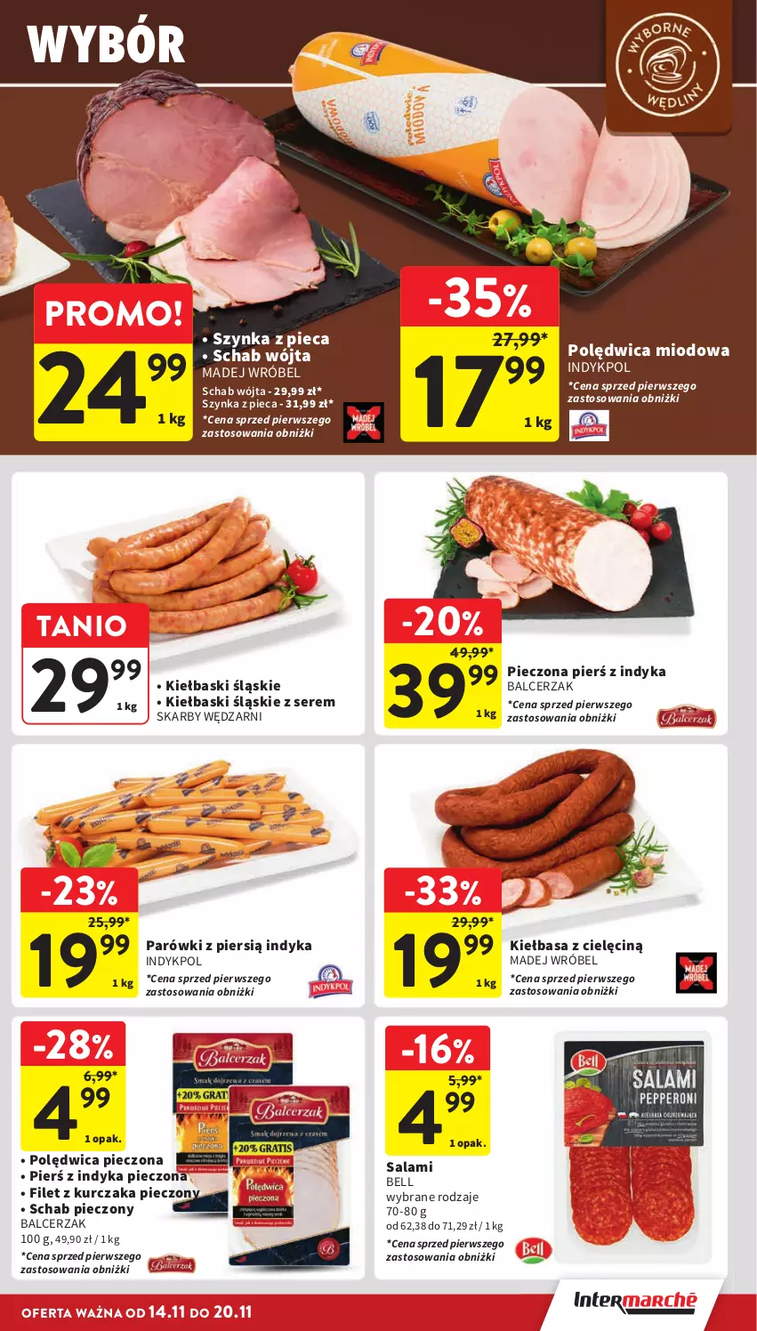 Gazetka promocyjna Intermarche - Gazetka Intermarche - ważna 14.11 do 20.11.2024 - strona 21 - produkty: Bell, Kiełbasa, Kiełbaski śląskie, Kurczak, Madej Wróbel, Parówki, Piec, Polędwica, Salami, Schab pieczony, Ser, Szynka