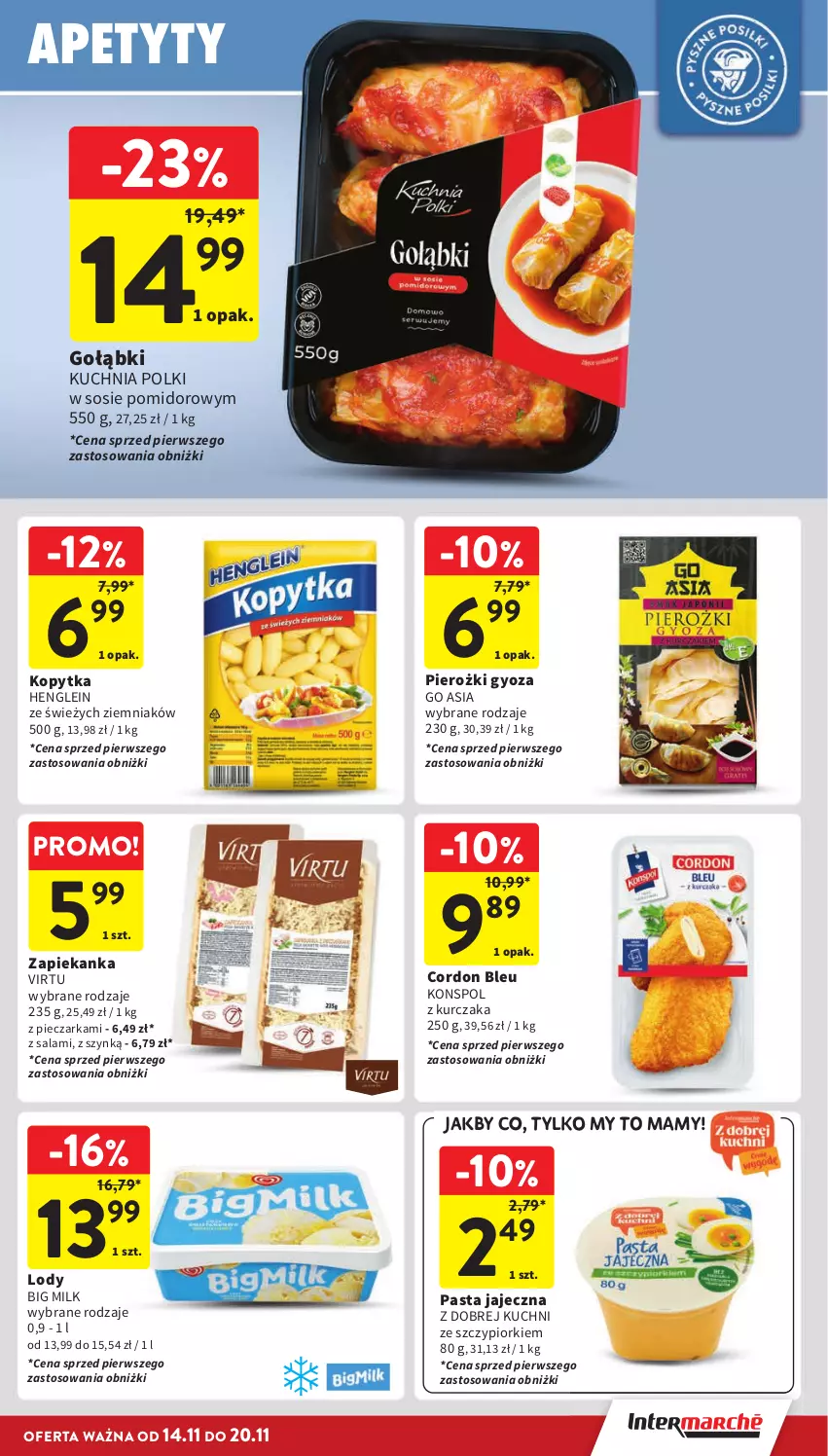 Gazetka promocyjna Intermarche - Gazetka Intermarche - ważna 14.11 do 20.11.2024 - strona 25 - produkty: Big Milk, Cordon Bleu, Kopytka, Kuchnia, Kurczak, Lody, Piec, Pieczarka, Salami, Sos, Virtu, Zapiekanka