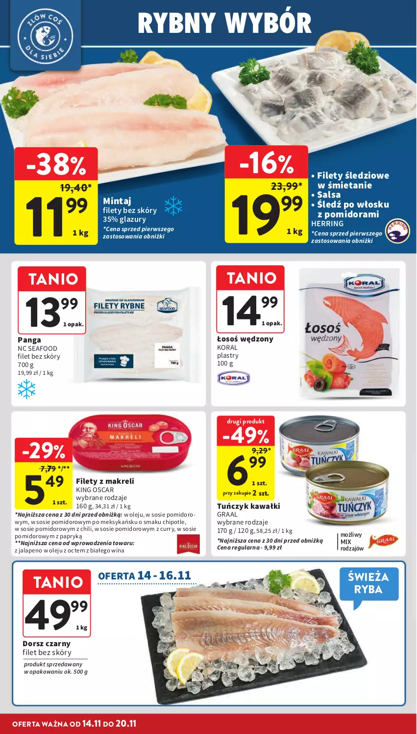 Gazetka promocyjna Intermarche - Gazetka Intermarche - ważna 14.11 do 20.11.2024 - strona 26 - produkty: Dorsz, Gra, Graal, Kawa, Lazur, Mintaj, Olej, Panga, Ryba, Salsa, Sos, Tuńczyk