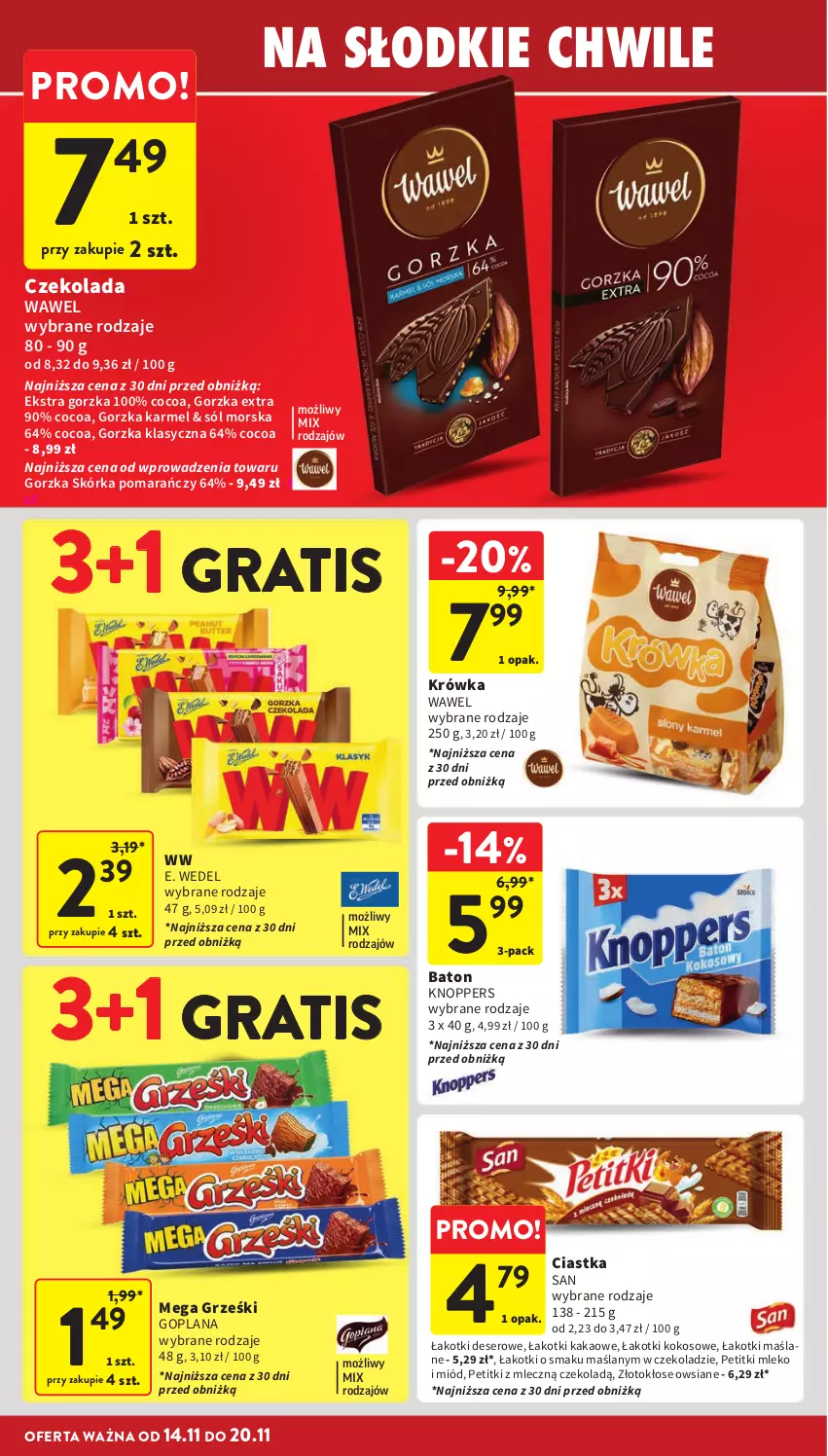 Gazetka promocyjna Intermarche - Gazetka Intermarche - ważna 14.11 do 20.11.2024 - strona 32 - produkty: Baton, Ciastka, Czekolada, Deser, E. Wedel, Goplana, Gra, Grześki, Kakao, Knoppers, Kokos, LANA, Miód, Mleko, Ser, Sól, Wawel