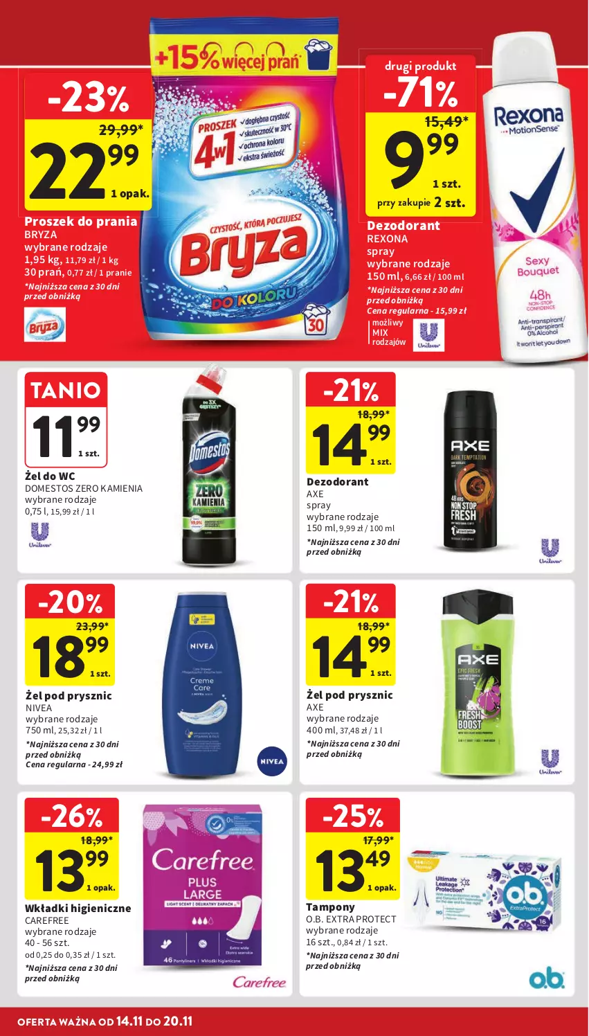 Gazetka promocyjna Intermarche - Gazetka Intermarche - ważna 14.11 do 20.11.2024 - strona 38 - produkty: Bryza, Carefree, Dezodorant, Domestos, Nivea, O.B., Proszek do prania, Rexona, Tampony, Wkładki