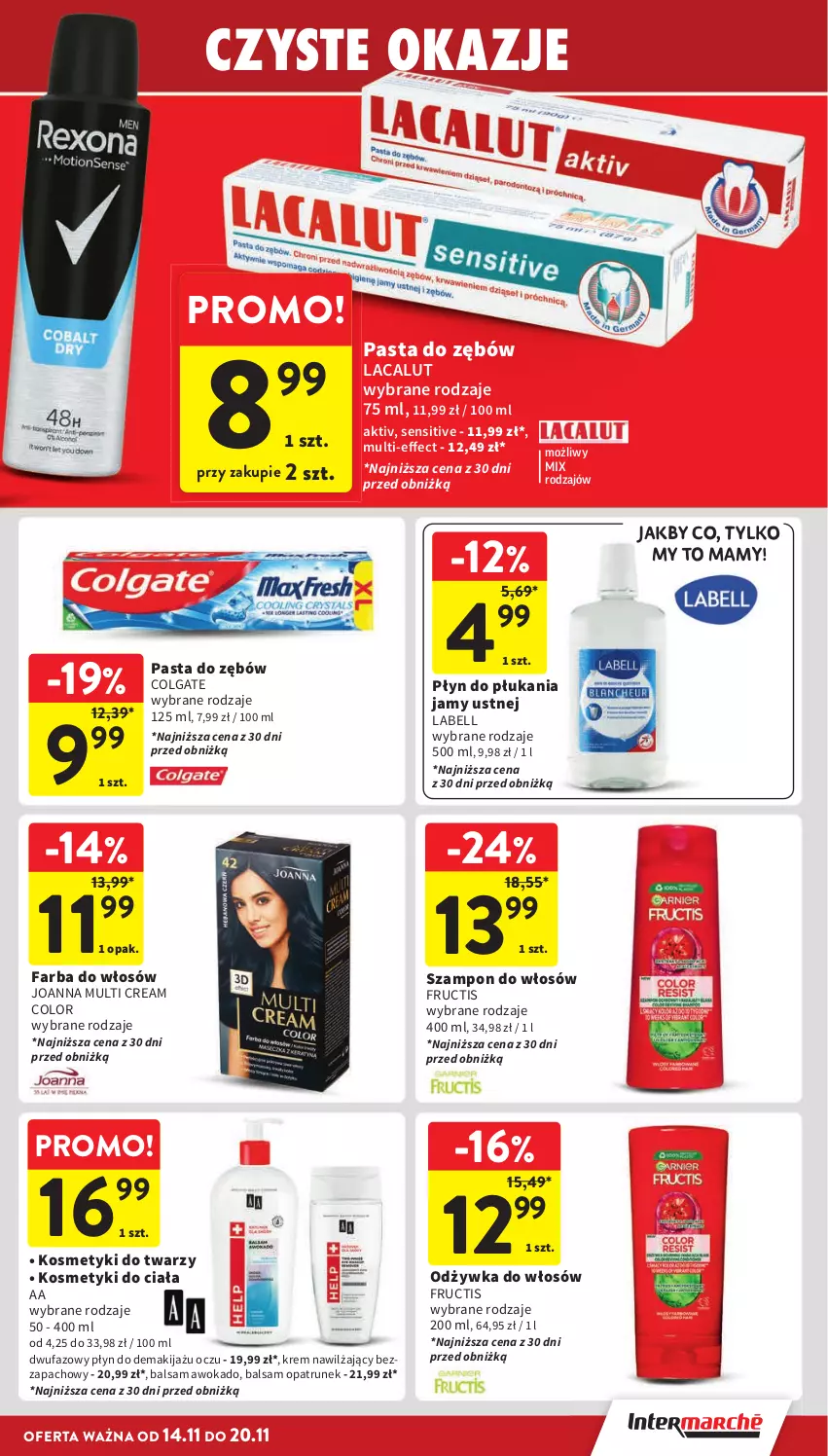 Gazetka promocyjna Intermarche - Gazetka Intermarche - ważna 14.11 do 20.11.2024 - strona 39 - produkty: Bell, Colgate, Fa, Farba do włosów, Fructis, Joanna, Krem nawilżający, Lacalut, LG, Makijaż, Odżywka, Pasta do zębów, Płyn do płukania, Płyn do płukania jamy ustnej, Szampon