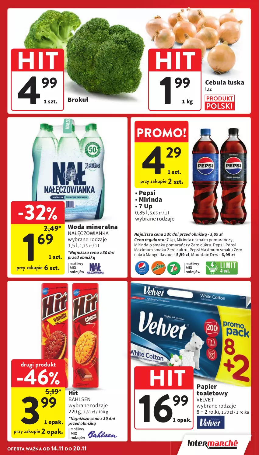 Gazetka promocyjna Intermarche - Gazetka Intermarche - ważna 14.11 do 20.11.2024 - strona 5 - produkty: Cebula, Mango, Mirinda, Nałęczowianka, Papier, Papier toaletowy, Pepsi, Pepsi max, Rolki, Velvet, Woda, Woda mineralna