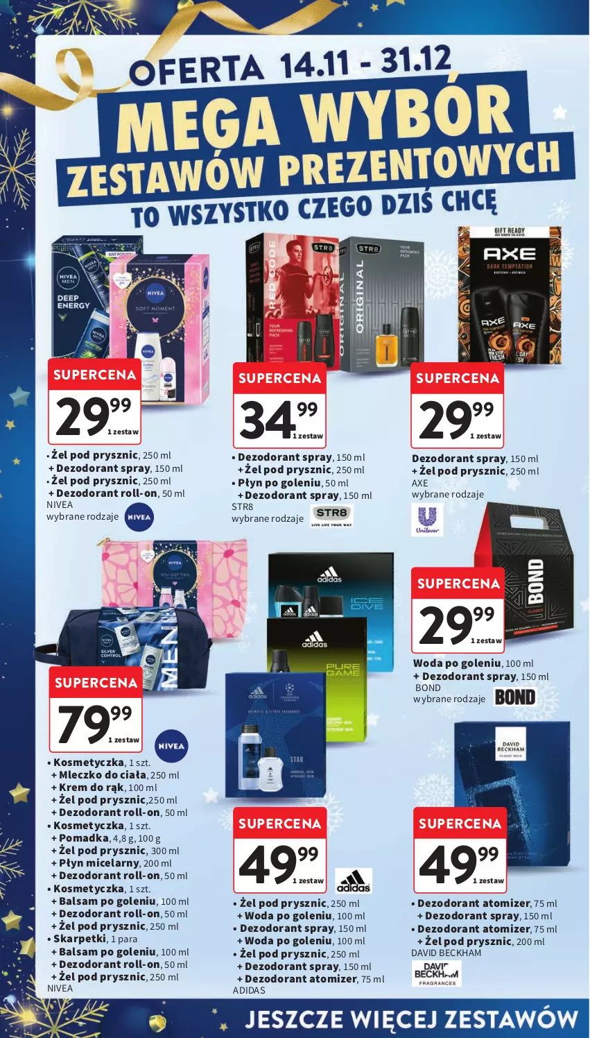 Gazetka promocyjna Intermarche - Gazetka Intermarche - ważna 14.11 do 20.11.2024 - strona 8 - produkty: Adidas, Balsam po goleniu, David Beckham, Dezodorant, Karp, Kosmetyczka, Krem do rąk, Mleczko, Mleczko do ciała, Nivea, Płyn micelarny, Skarpetki, Str8, Woda, Woda po goleniu