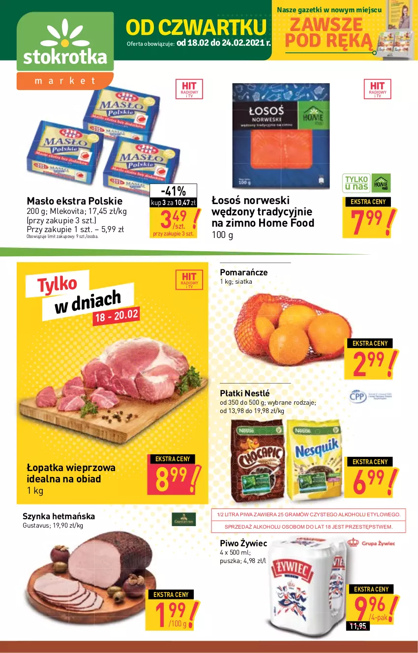 Gazetka promocyjna Stokrotka - Market - ważna 18.02 do 24.02.2021 - strona 1 - produkty: Gra, Masło, Mleko, Mlekovita, Nestlé, Piwa, Piwo, Pomarańcze, Siatka, Szynka