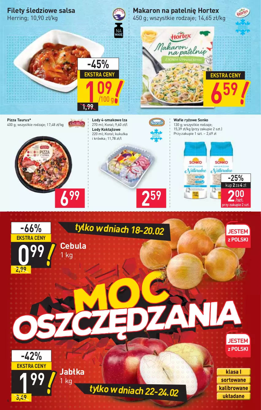 Gazetka promocyjna Stokrotka - Market - ważna 18.02 do 24.02.2021 - strona 4 - produkty: Cebula, Hortex, Jabłka, Lody, Makaron, Pizza, Ryż, Salsa, Sonko, Wafle