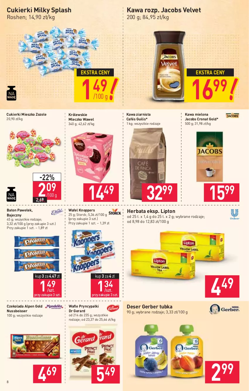 Gazetka promocyjna Stokrotka - Market - ważna 18.02 do 24.02.2021 - strona 8 - produkty: Baton, Cukier, Cukierki, Czekolada, Deser, Dr Gerard, Gerber, Herbata, Jacobs, Jacobs Velvet, Kawa, Kawa mielona, Kawa ziarnista, Knoppers, Królewski, Królewskie Mleczko, Lipton, Mleczko, Ser, Velvet, Wafle, Wawel