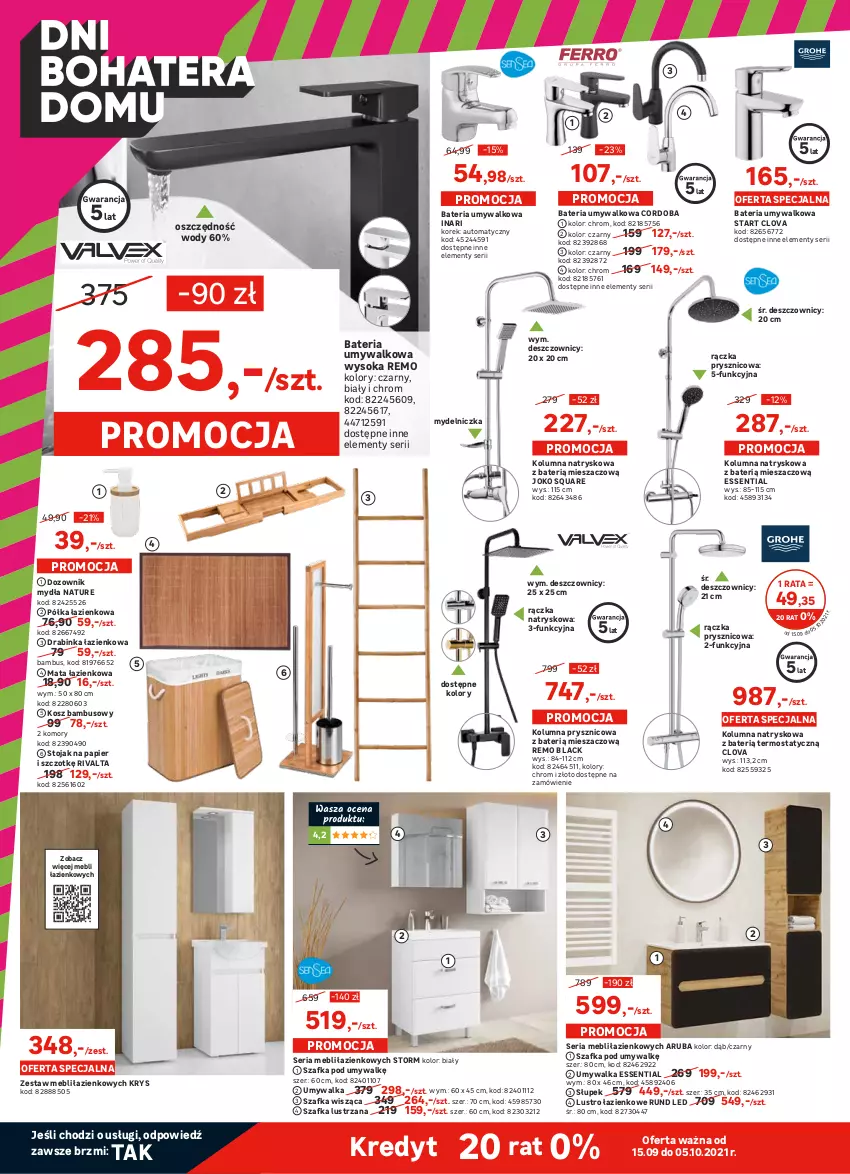 Gazetka promocyjna Leroy Merlin - Dni bohatera domu - ważna 15.09 do 21.09.2021 - strona 2 - produkty: Bateria, Bateria umywalkowa, Brodzik, Deska wolnoopadająca, Dozownik, Dozownik mydła, Drzwi, Fa, Grohe, Inka, Klej, Kolumna natryskowa, Kompakt WC, Kosz, Lack, Lustro, Mata łazienkowa, Miska, Mydelniczka, Papier, Pokrywa, Półka, Półka łazienkowa, Ser, Słupek, Sok, Stojak, Szafka, Szafka pod umywalkę, Termos, Tran, Umywalka