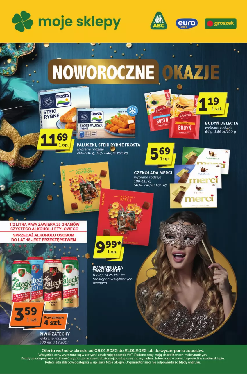 Gazetka promocyjna ABC - ważna 09.01 do 21.01.2025 - strona 1 - produkty: Budyń, Czekolada, Delecta, Frosta, Gra, Kret, Merci, Piwa, Piwo, Ser, Stek