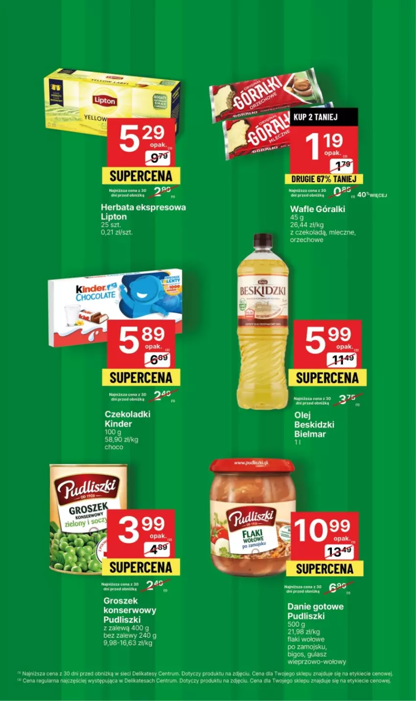 Gazetka promocyjna Delikatesy Centrum - Gazetka DC43 pon-sr - ważna 06.11 do 08.11.2023 - strona 4 - produkty: Beskidzki, Bigos, Flaki, Flaki wołowe, Góralki, Groszek, Herbata, Kinder, Olej, Pudliszki, Rum, Ser, Wafle