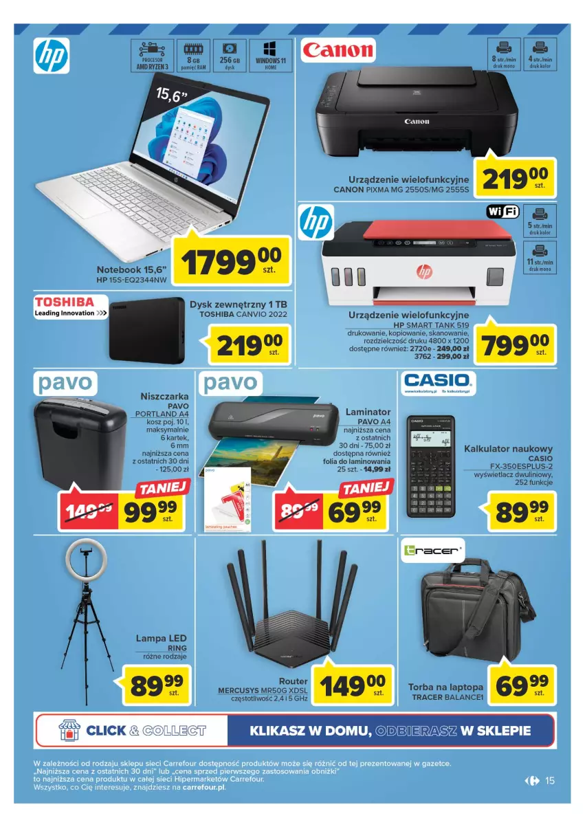 Gazetka promocyjna Carrefour - Gazetka Multimedia - ważna 23.05 do 10.06.2023 - strona 15 - produkty: Acer, Canon, Fa, HP, Kosz, Lampa, Lampa LED, Niszczarka, Notebook, Por, Procesor, Router, Top, Torba, Torba na laptopa, Toshiba, Urządzenie wielofunkcyjne