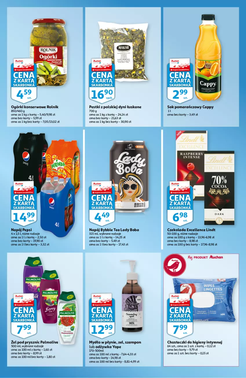 Gazetka promocyjna Auchan - Skarbonka #3 - ważna 20.01 do 26.01.2022 - strona 3 - produkty: Cappy, Chusteczki, Chusteczki do higieny, Czekolada, Fa, LG, Lindt, Mydło, Mydło w płynie, Napój, Odżywka, Ogórki konserwowe, Palmolive, Pepsi, Rolnik, Ser, Sok, Sok pomarańczowy, Szampon, Yope