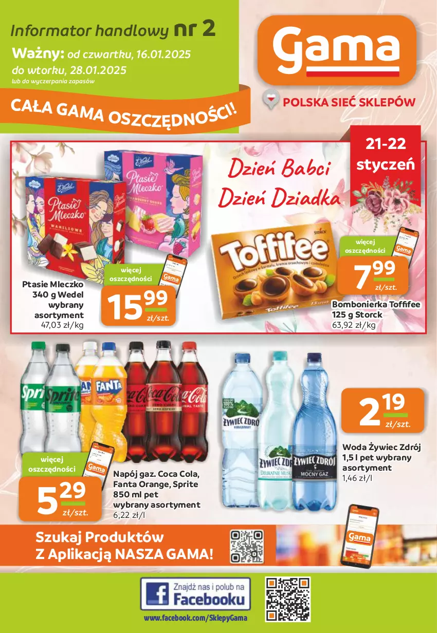 Gazetka promocyjna Gama - Gazetka Gama - ważna 16.01 do 28.01.2025 - strona 1 - produkty: Fa, Fanta, Mleczko, Napój, Ptasie mleczko, Sprite, Woda