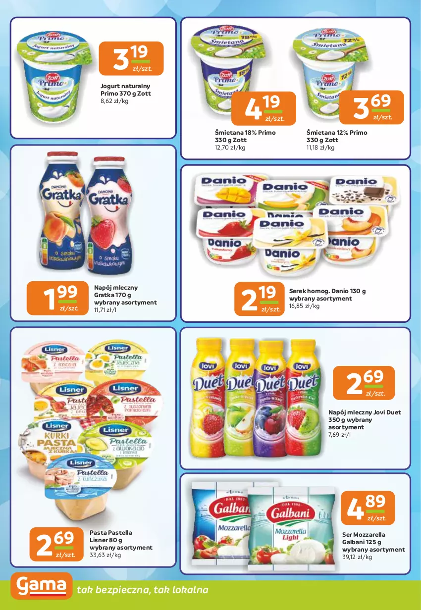 Gazetka promocyjna Gama - Gazetka Gama - ważna 16.01 do 28.01.2025 - strona 6 - produkty: Danio, Galbani, Gra, Jogurt, Jogurt naturalny, Lisner, Mozzarella, Napój, Napój mleczny, Pastella, Piec, Ser, Serek, Zott