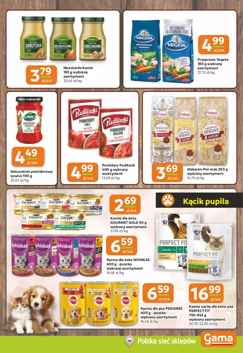 Gazetka promocyjna Gama - Gazetka Gama - ważna 16.01 do 28.01.2025 - strona 9 - produkty: Gourmet Gold, Kamis, Koncentrat pomidorowy, Makaron, Mus, Musztarda, Pedigree, Pomidory, Pudliszki, Vegeta, Whiskas