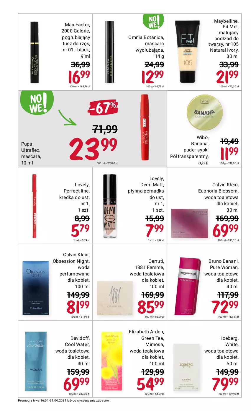 Gazetka promocyjna Rossmann - Kwiecień II - ważna 16.04 do 30.04.2021 - strona 12 - produkty: Bell, Bruno Banani, Calvin Klein, Cerruti, Davidoff, Elizabeth Arden, Fa, Kredka, Lack, Lovely, Max Factor, Maybelline, Mimosa, Perfum, Podkład, Podkład do twarzy, Puder, Pupa, Pur, SESSIO, Tran, Tusz, Wibo, Woda, Woda perfumowana, Woda toaletowa