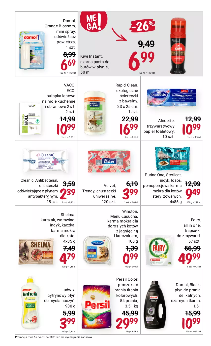 Gazetka promocyjna Rossmann - Kwiecień II - ważna 16.04 do 30.04.2021 - strona 8 - produkty: Alouette, Chusteczki, Cleanic, Do mycia naczyń, Domol, Fa, Fairy, Kaczka, Karma mokra dla kotów, Kiwi, Kurczak, Lack, Ludwik, Odświeżacz powietrza, Papier, Papier toaletowy, Persil, Płyn do mycia, Płyn do mycia naczyń, Płyn do prania, Por, Proszek do prania, Pur, Purina, Velvet, Winston, Wołowina, Zmywarki