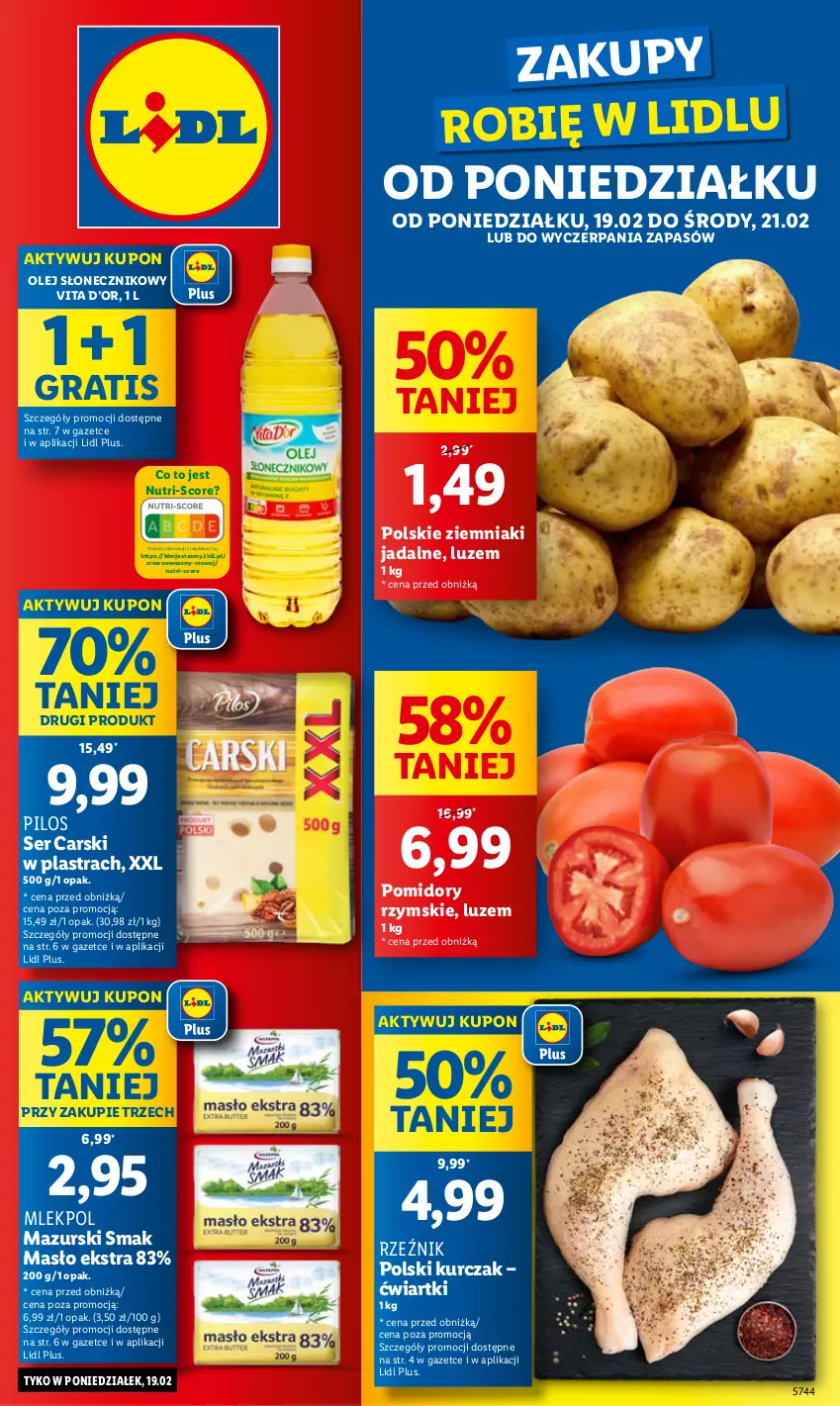 Gazetka promocyjna Lidl - GAZETKA - ważna 19.02 do 21.02.2024 - strona 1 - produkty: Cars, Gra, Kurczak, Masło, Olej, Olej słonecznikowy, Pilos, Pomidory, Ser, Wazon, Ziemniaki